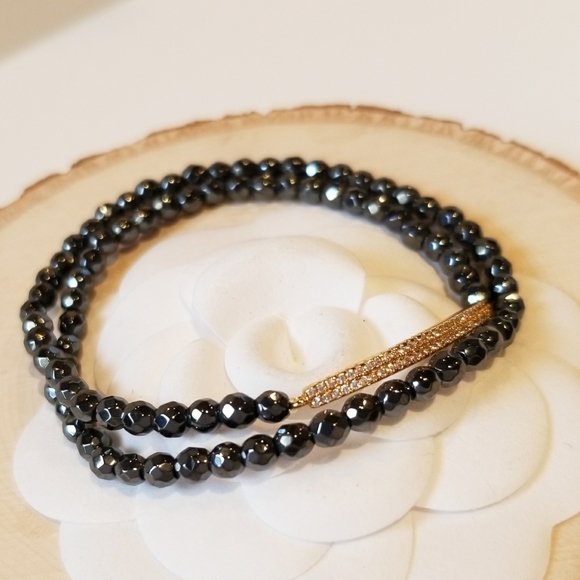 NEW Pave CZ Gold Bar Hematite Bracelet Choker - Picture 2 of 5